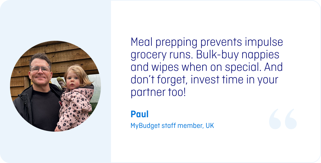 MyBudget staff member Paul with his child, sharing budgeting tips for new parents, including meal prepping and bulk-buying baby essentials to save money.